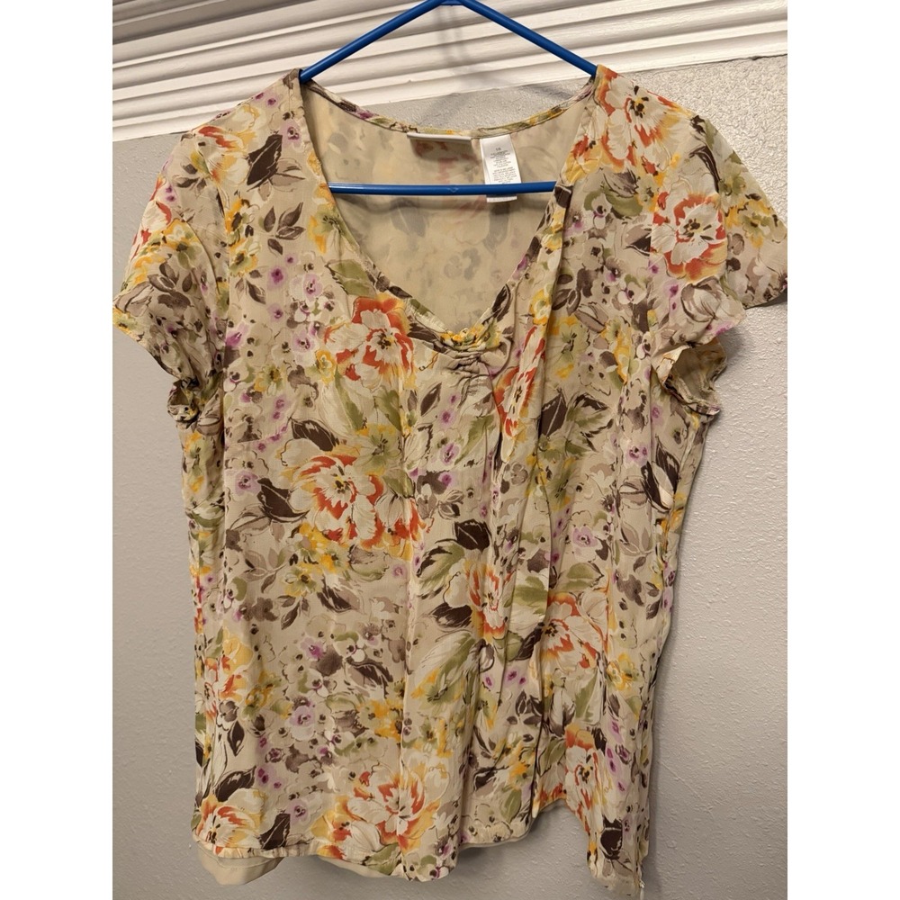 LIZ CLAIBORNE Women's v- Neck Short Sleeves Floral Boho Y2K